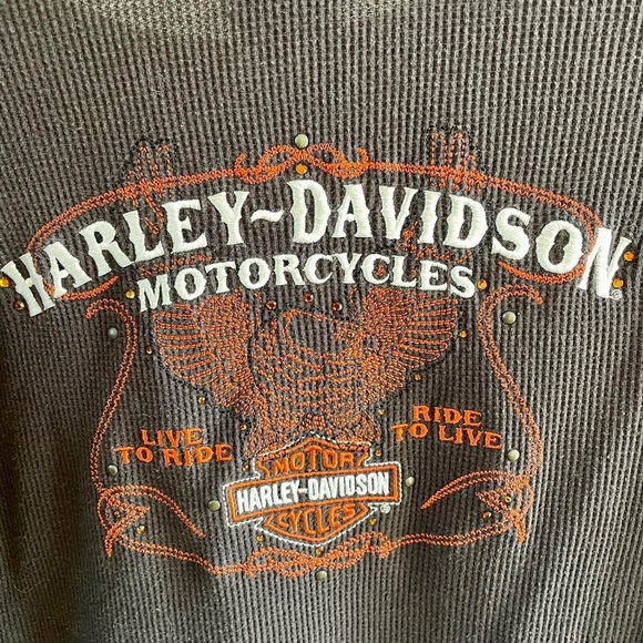 Vintage Harley Davidson Motorcycles Embroidered Thermal Shirt in Chocolate Brown - Picture 6 of 6